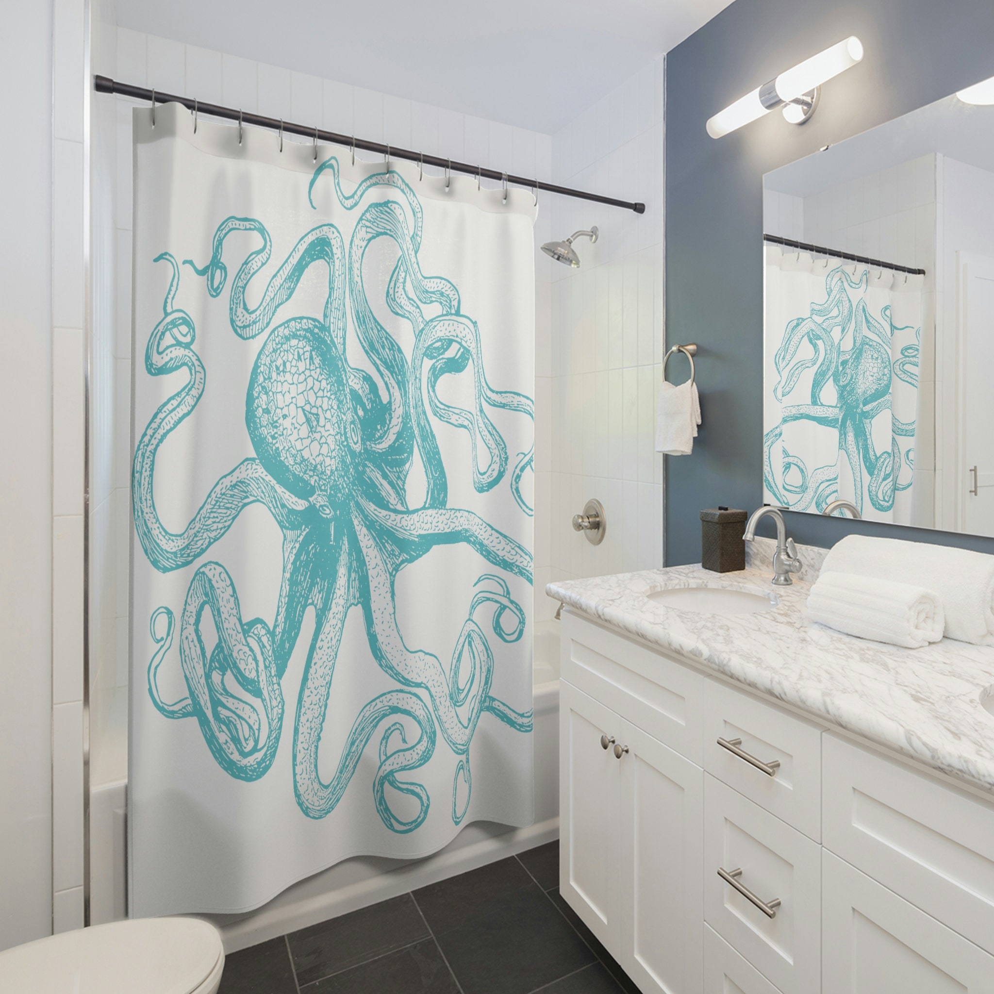 Blue Aqua Octopus Shower Curtain for Refreshing Your Bathroom.