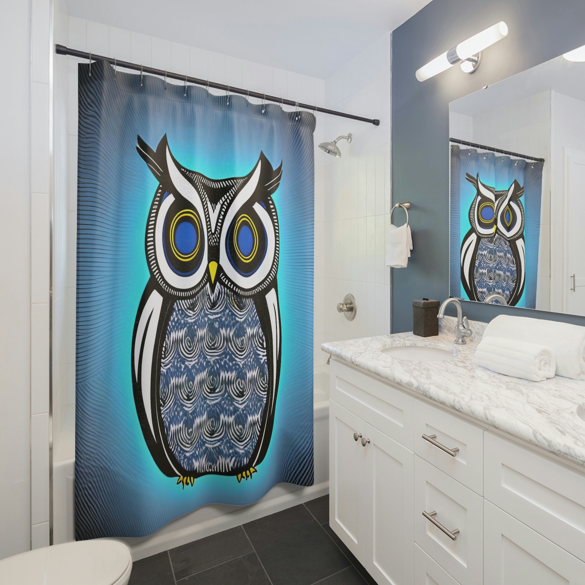 Blue Aquatic Decor Owl Shower Curtain for Bathroom Decor