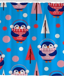 Blue Baby Penguins Shower Curtain, Adorable Bathroom Decoration
