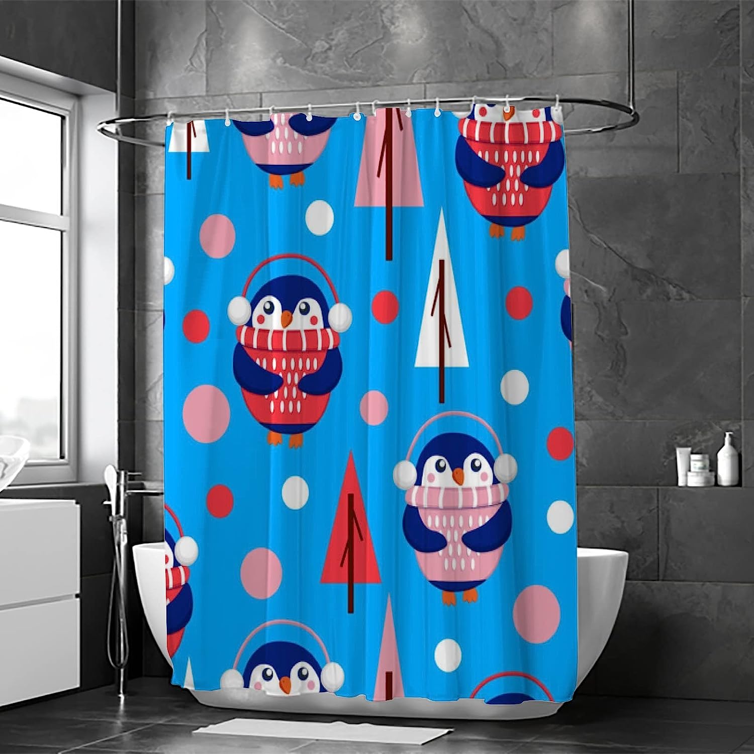 Blue Baby Penguins Shower Curtain, Adorable Bathroom Decoration - Image 2
