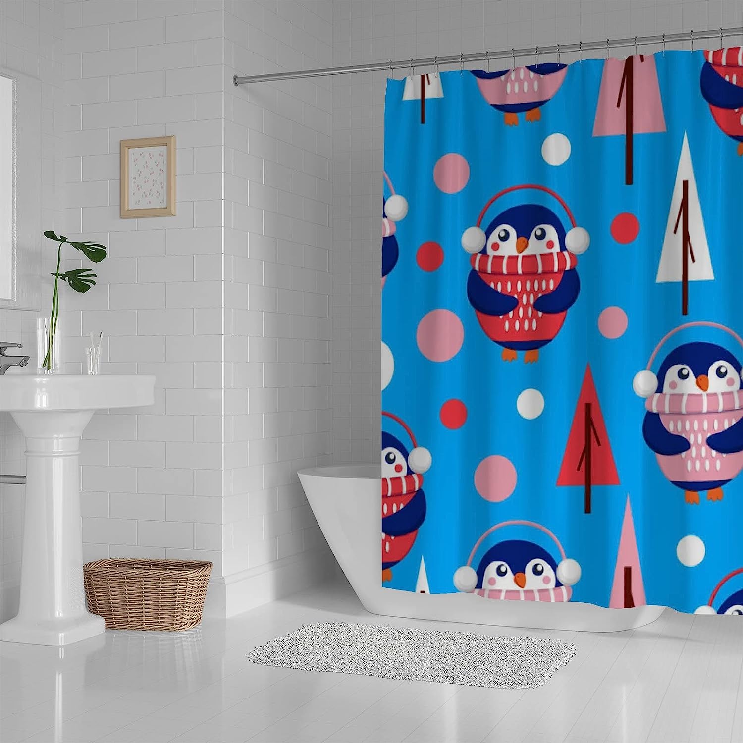 Blue Baby Penguins Shower Curtain, Adorable Bathroom Decoration - Image 3