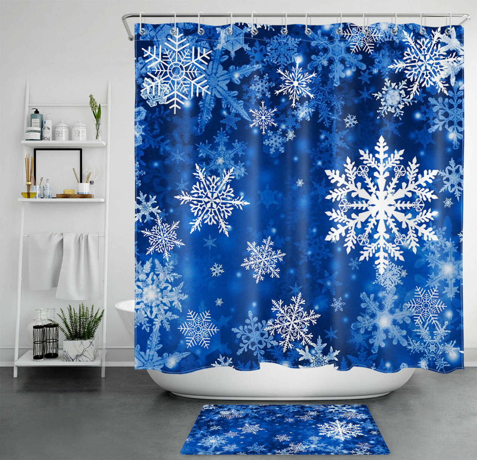 Blue Background Snowflake Winter Shower Curtain for Bathroom Decor