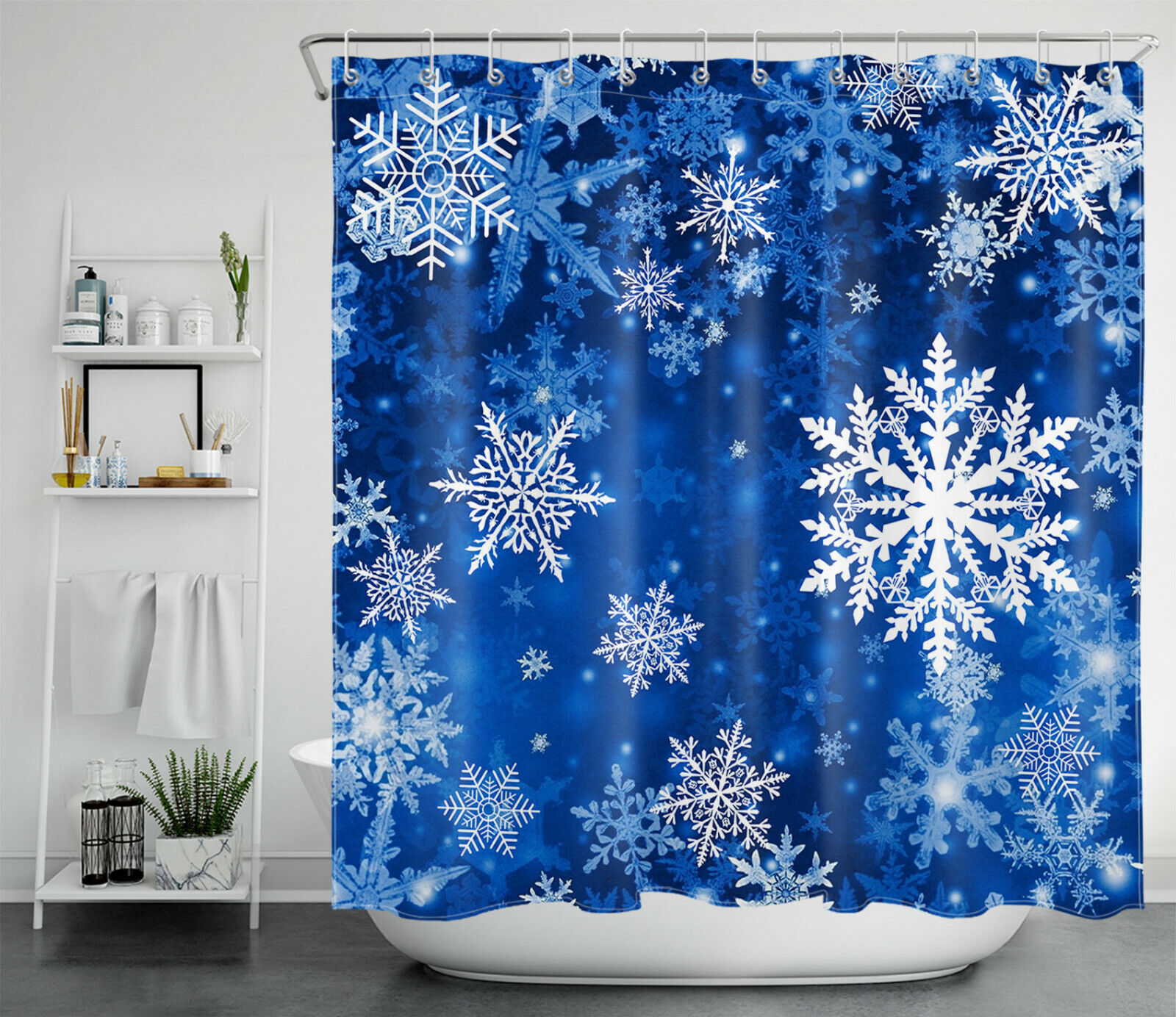 Blue Background Snowflake Winter Shower Curtain for Bathroom Decor