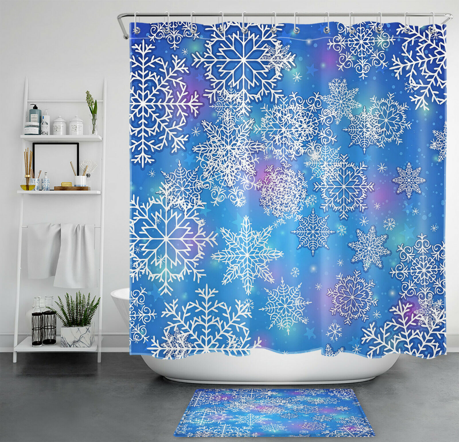 Blue Background White Snowflakes Winter Shower Curtain for Modern Bathroom