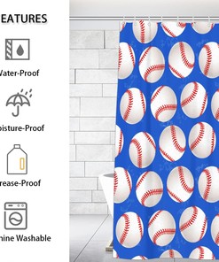 Blue Baseball Shower Curtain for Boys Bathroom Fabric Sports Theme Home Decor