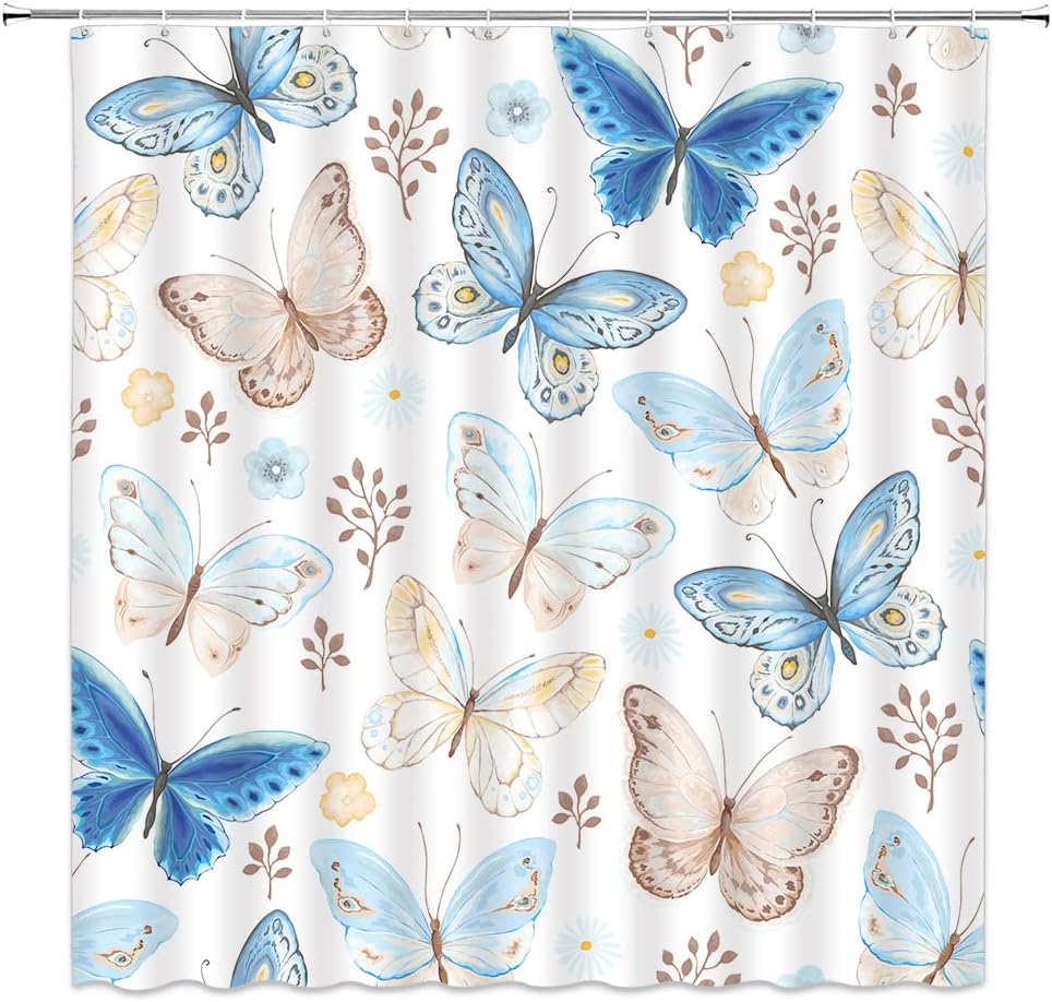Blue Beige Butterfly Shower Curtain For Whimsical Bathroom Decor