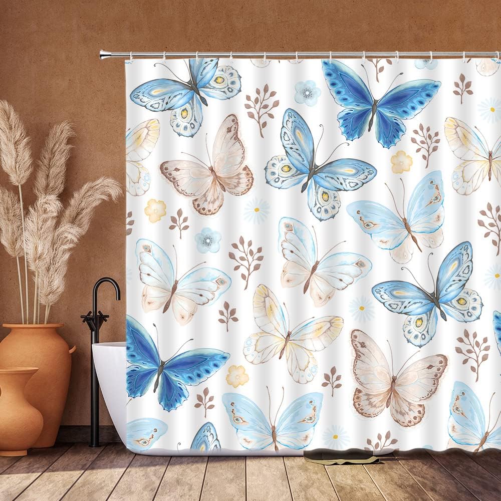 Blue Beige Butterfly Shower Curtain For Whimsical Bathroom Decor