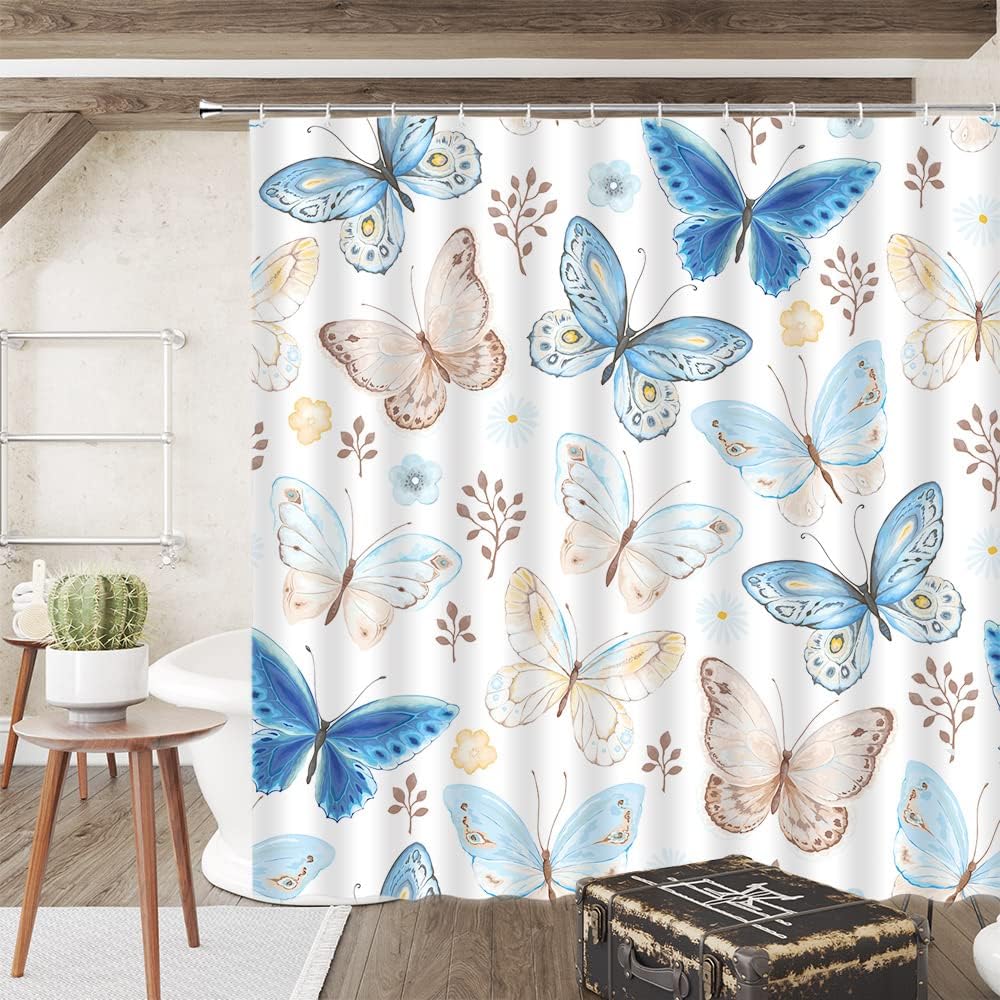 Blue Beige Butterfly Shower Curtain For Whimsical Bathroom Decor