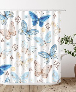 Blue Beige Butterfly Shower Curtain For Whimsical Bathroom Decor