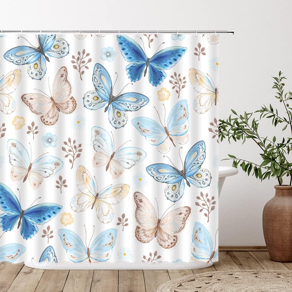 Blue Beige Butterfly Shower Curtain For Whimsical Bathroom Decor