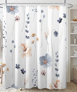 Blue Beige Watercolor Floral Shower Curtain With Modern Minimalist Design, Waterproof Fabric, Perfect For Your Bathroom