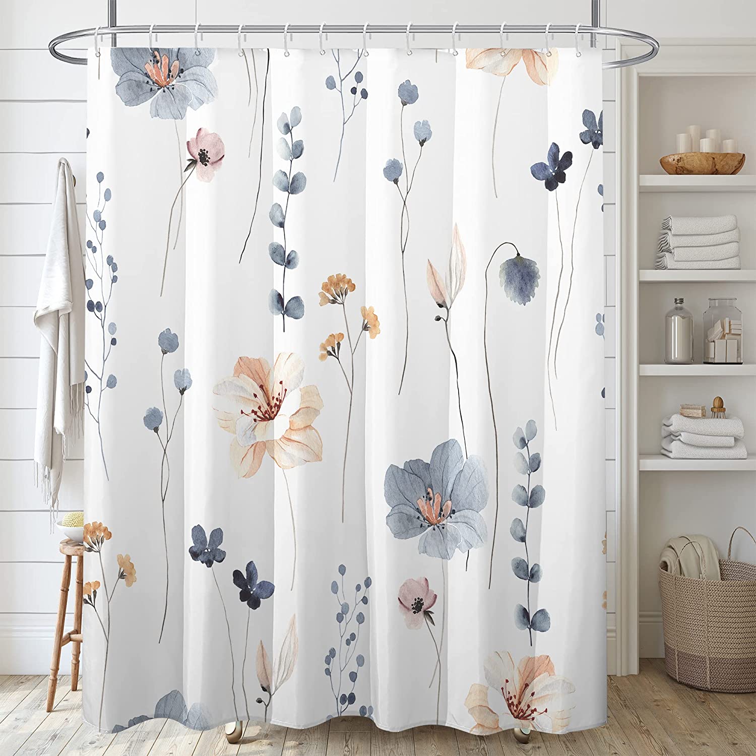 Blue Beige Watercolor Floral Shower Curtain With Modern Minimalist Design, Waterproof Fabric, Perfect For Your Bathroom