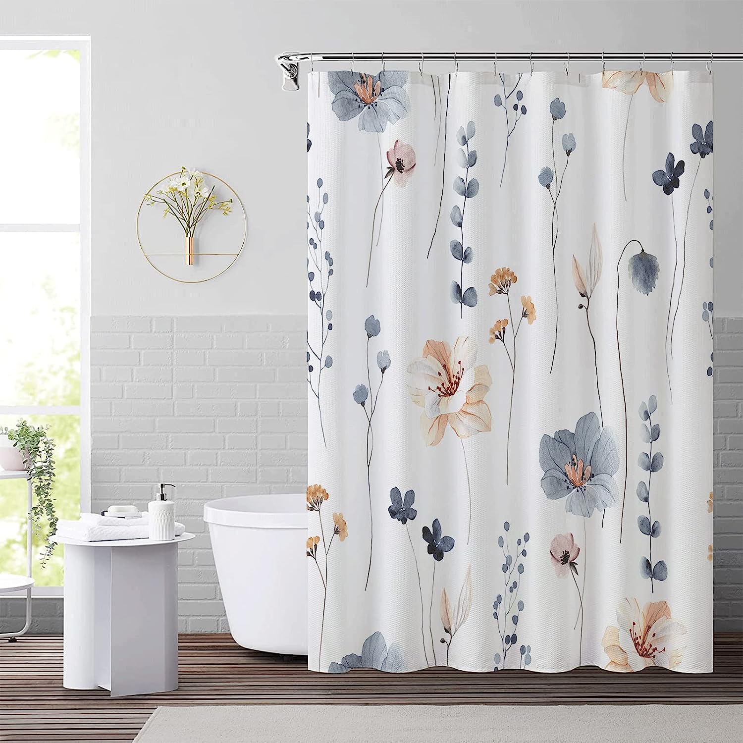 Blue Beige Watercolor Floral Shower Curtain With Modern Minimalist Design, Waterproof Fabric, Perfect For Your Bathroom - Image 2