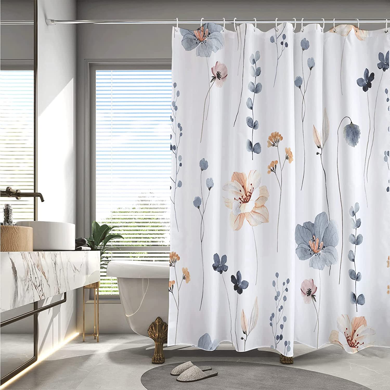 Blue Beige Watercolor Floral Shower Curtain With Modern Minimalist Design, Waterproof Fabric, Perfect For Your Bathroom - Image 3
