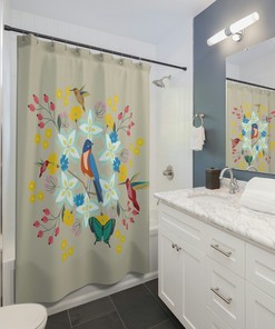 Blue Bird, Hummingbirds and Flowers, Neutral Background Decorative Shower Curtain