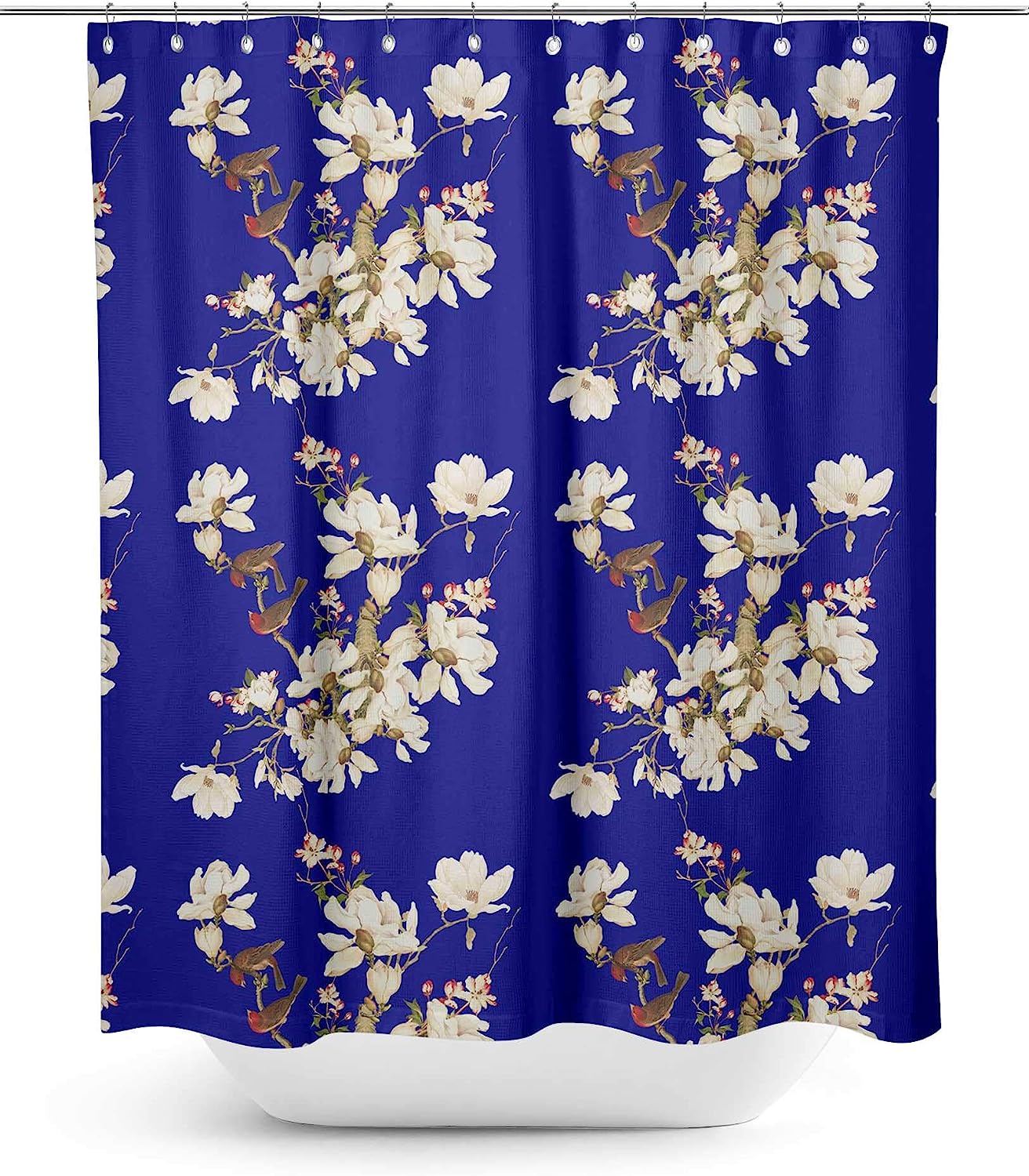 Blue Bird & Magnolia Floral Printed Waterproof Fabric Bathroom Curtain Shower Drapes