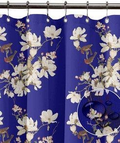 Blue Bird & Magnolia Floral Printed Waterproof Fabric Bathroom Curtain Shower Drapes