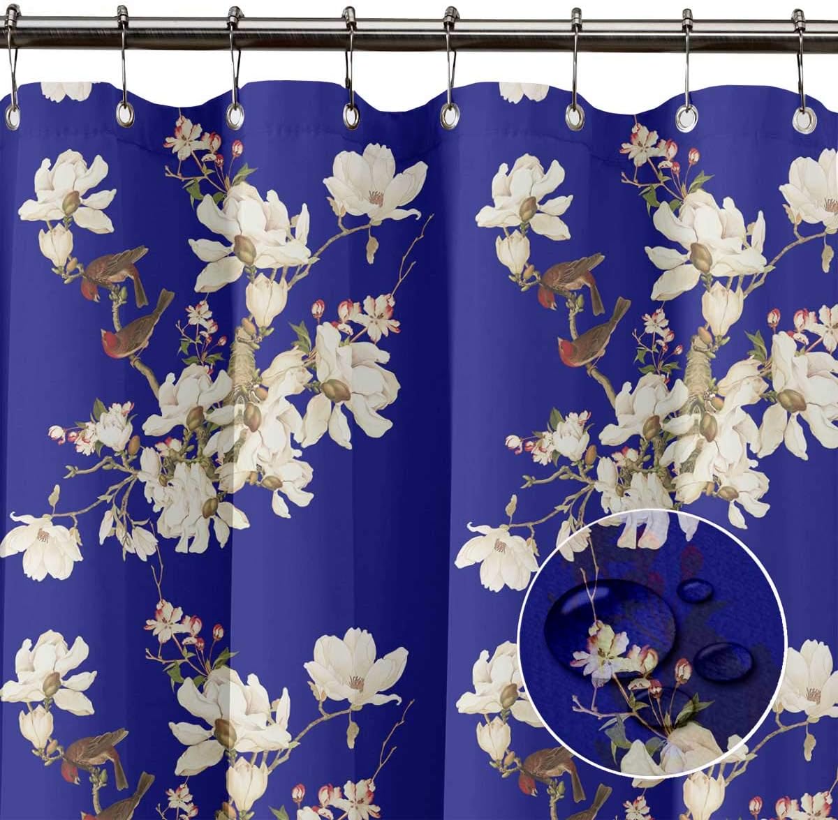 Blue Bird & Magnolia Floral Printed Waterproof Fabric Bathroom Curtain Shower Drapes