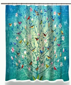 Blue Bird Tree Shower Curtain With Happy Flowers And Butterflies Print, Home Decor
