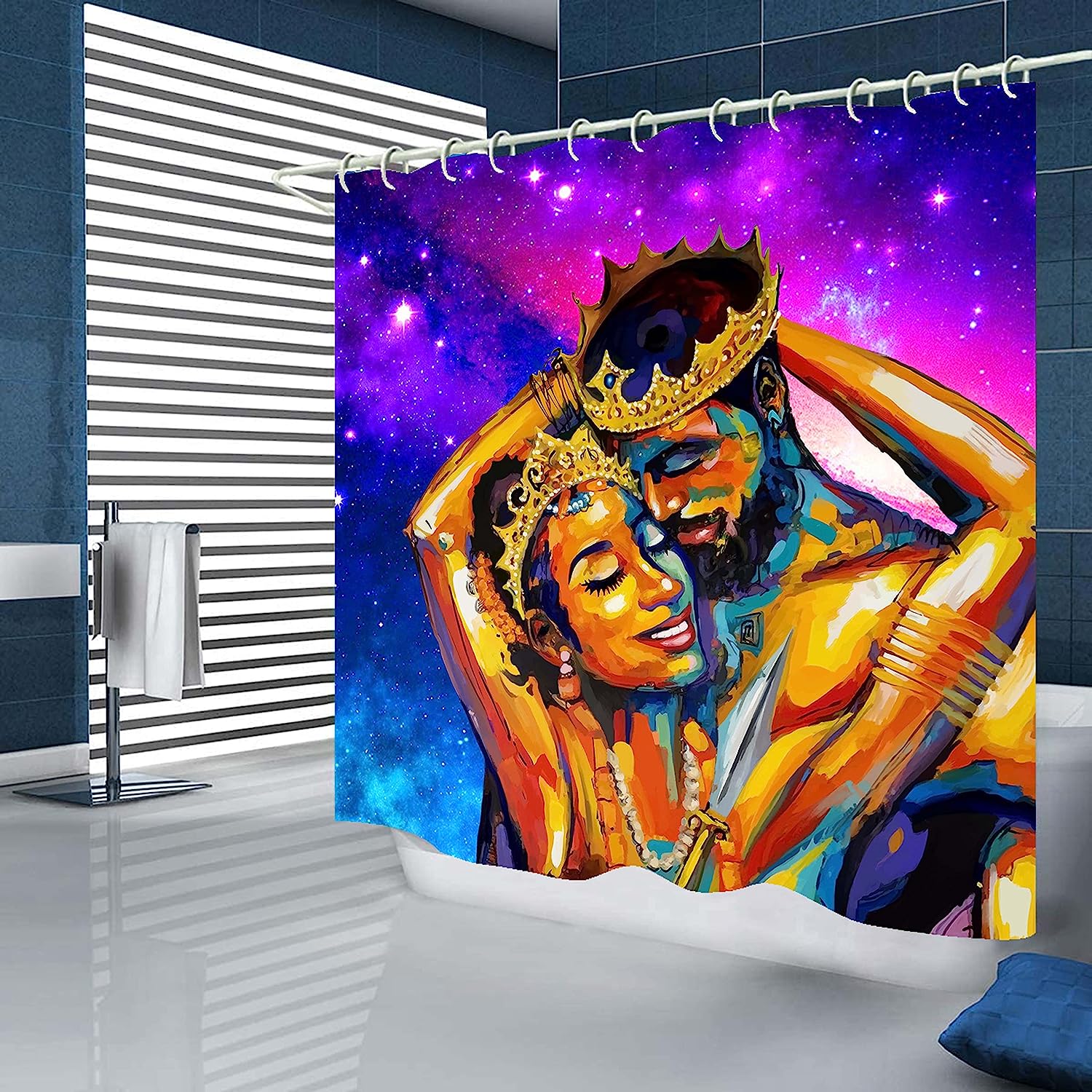 Blue Black Girl Bathroom Decor Shower Curtain Set - Image 2
