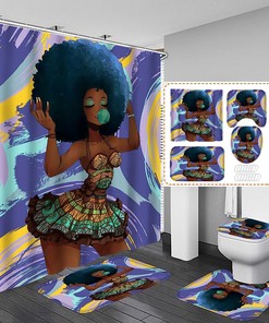 Blue Black Girl Shower Curtain And Accessories Set
