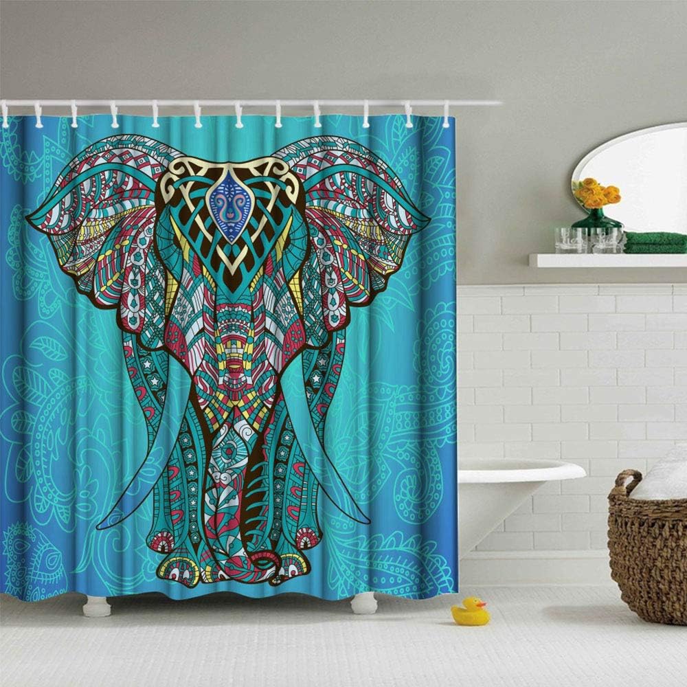 Blue Boheme Elephant Fabric Shower Curtain for Boho Bathroom Decor