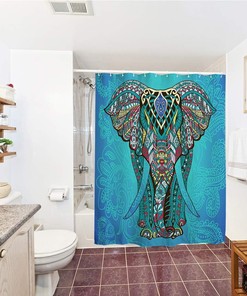 Blue Boheme Elephant Fabric Shower Curtain for Boho Bathroom Decor