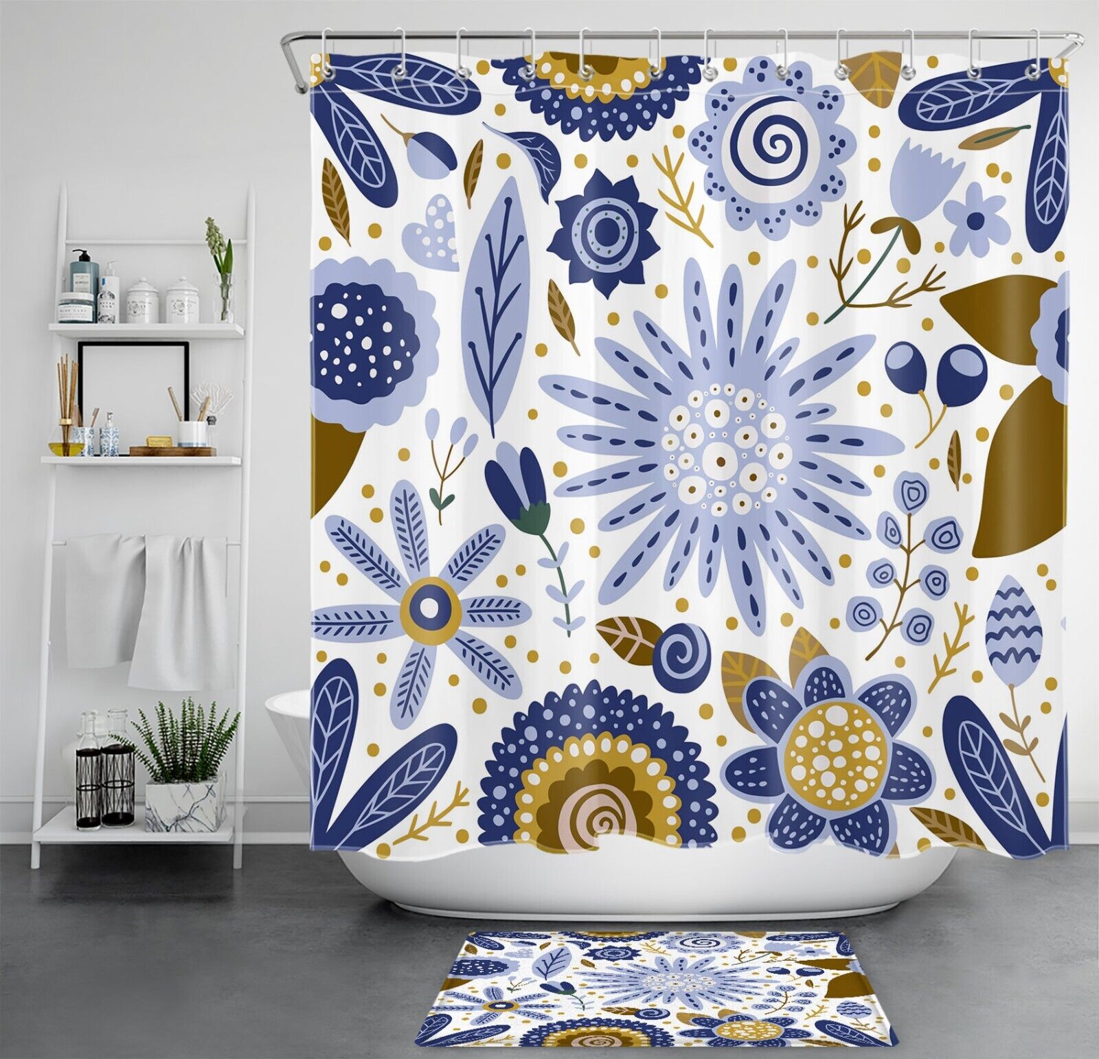 Blue Botanical Abstract Shower Curtain - Artistic Bathroom Accessory