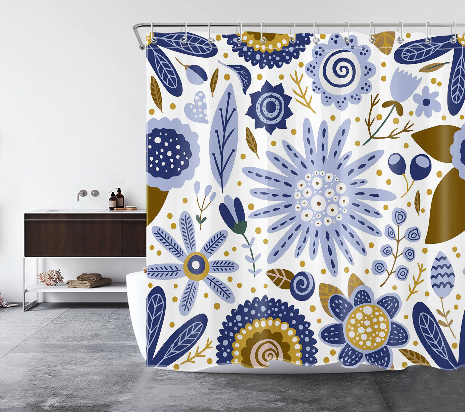 Blue Botanical Abstract Shower Curtain - Artistic Bathroom Accessory - Image 2
