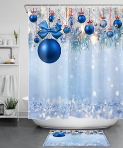 Blue Bowknot and Snowflake Christmas Ball Print Shower Curtain Bathroom Decor