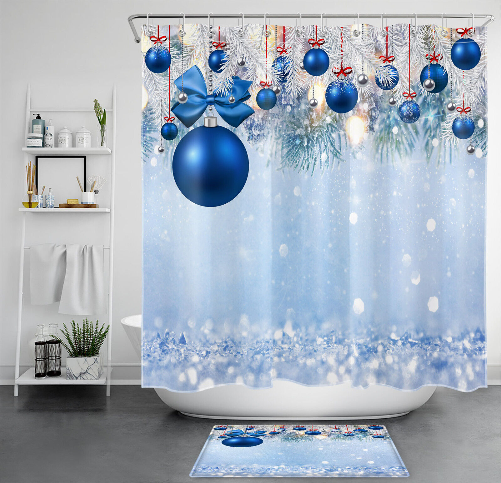 Blue Bowknot and Snowflake Christmas Ball Print Shower Curtain Bathroom Decor