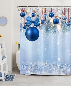 Blue Bowknot and Snowflake Christmas Ball Print Shower Curtain Bathroom Decor