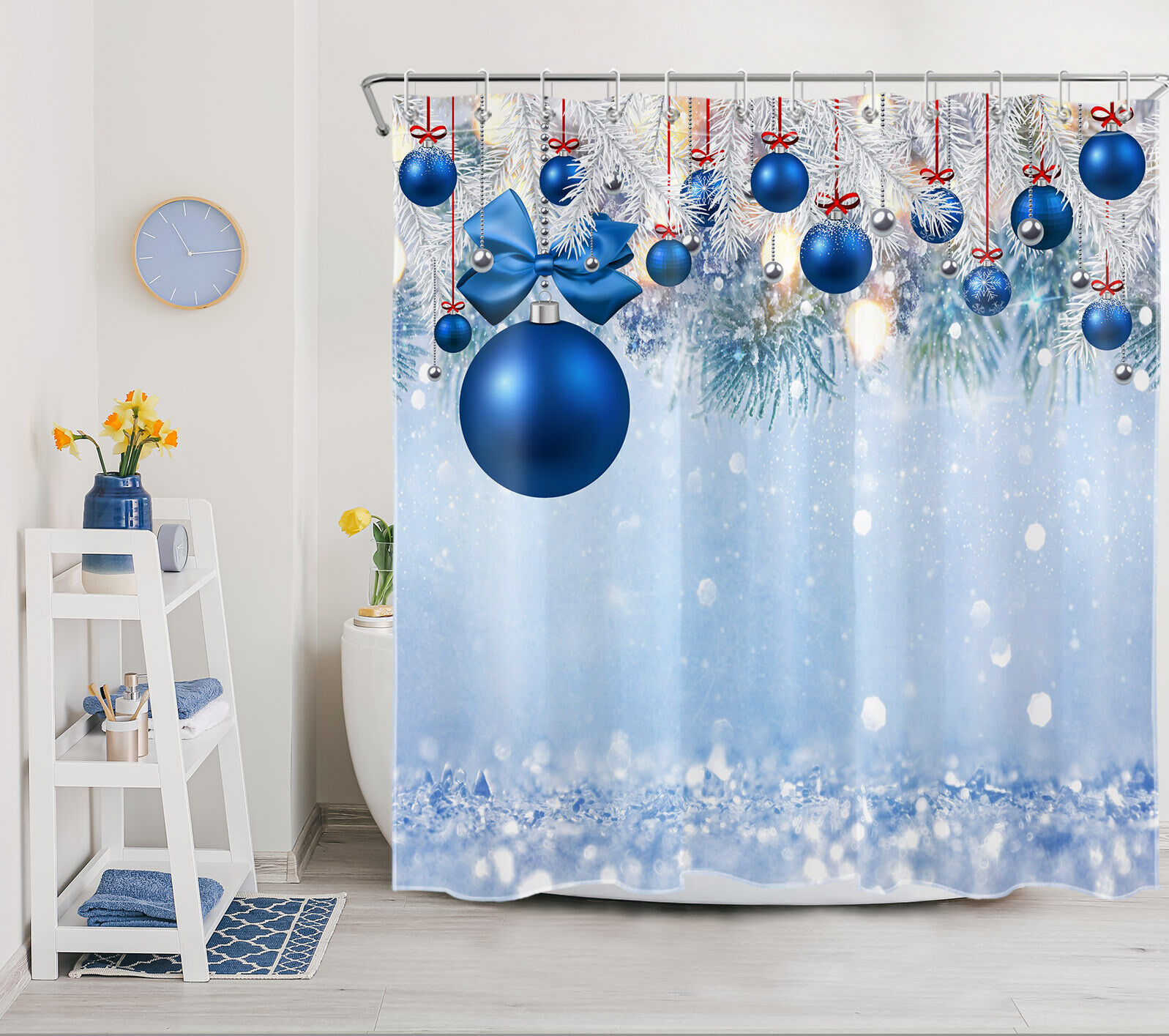 Blue Bowknot and Snowflake Christmas Ball Print Shower Curtain Bathroom Decor