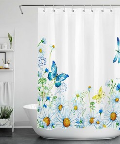 Blue Butterfly Dragonfly Daisy Flowers Shower Curtain For Kids Bathroom