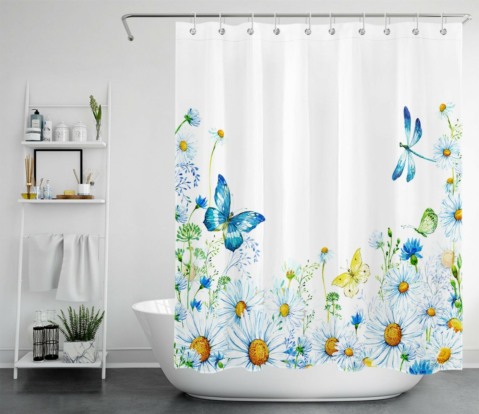 Blue Butterfly Dragonfly Daisy Flowers Shower Curtain For Kids Bathroom