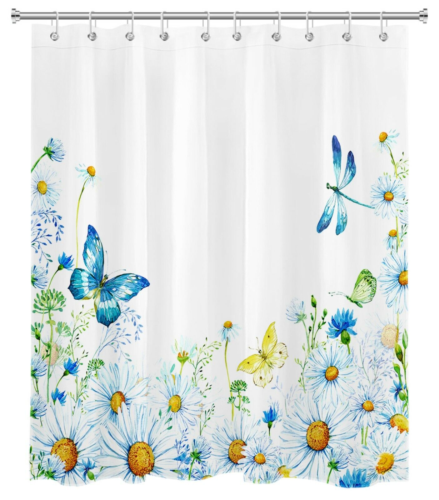 Blue Butterfly Dragonfly Daisy Flowers Shower Curtain For Kids Bathroom - Image 2