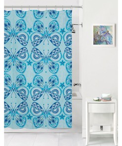 Blue Butterfly Fabric Shower Curtain For Kids Bathroom