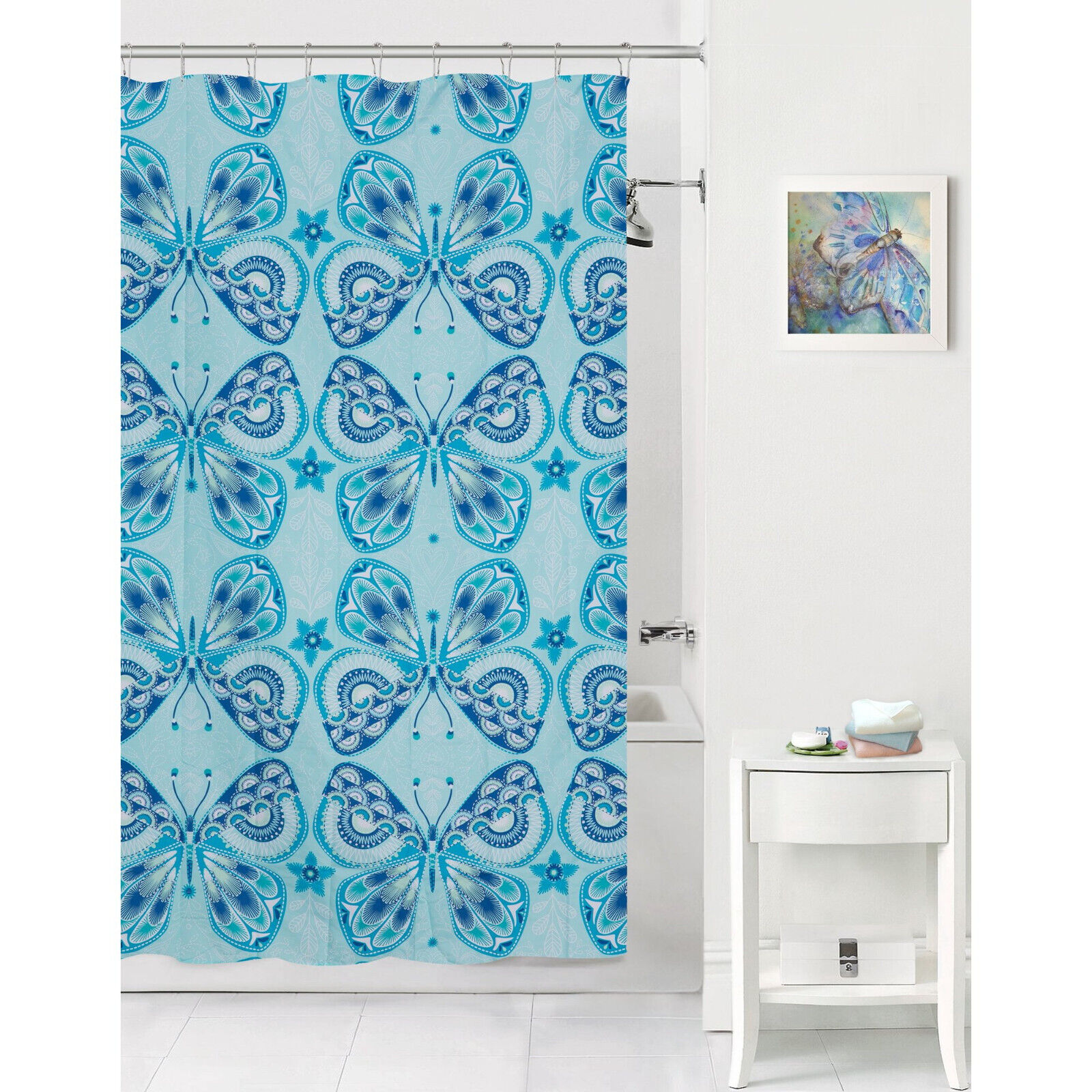 Blue Butterfly Fabric Shower Curtain For Kids Bathroom