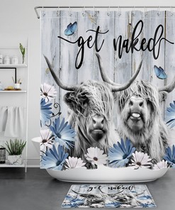 Blue Butterfly Highland Cow On Retro Wood Shower Curtain For Nature Bathroom Decor