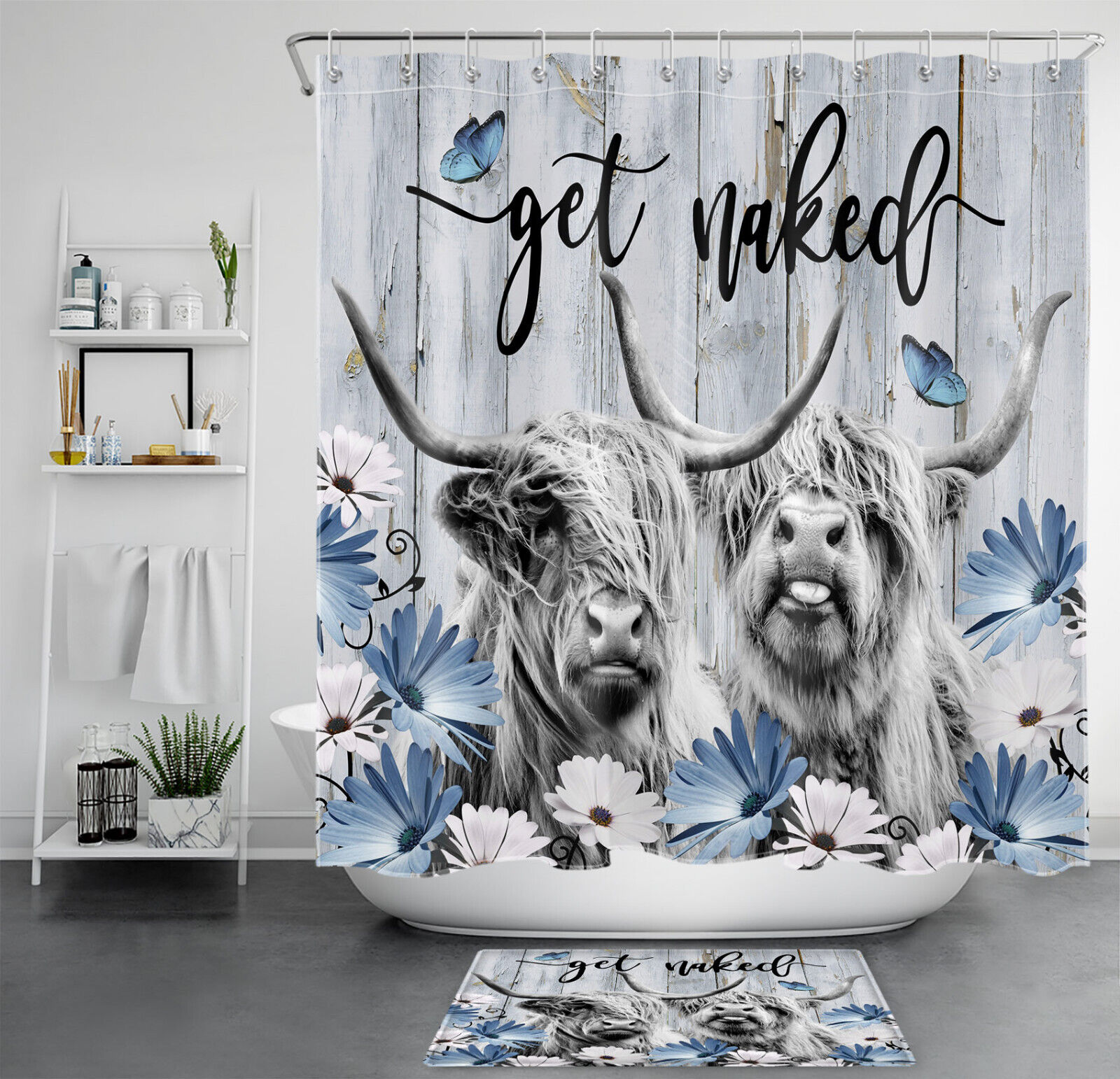 Blue Butterfly Highland Cow On Retro Wood Shower Curtain For Nature Bathroom Decor