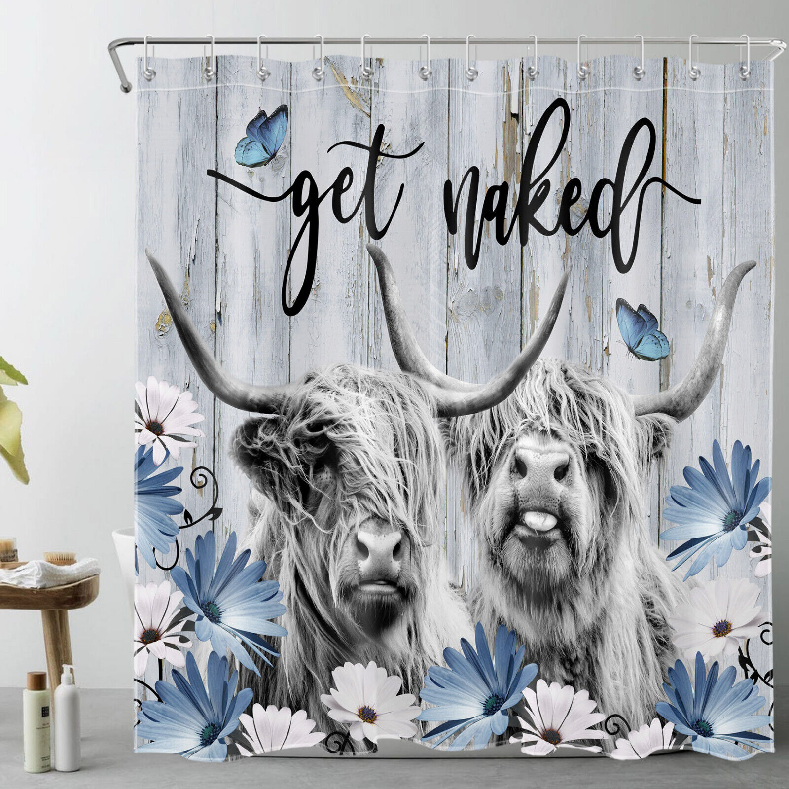 Blue Butterfly Highland Cow On Retro Wood Shower Curtain For Nature Bathroom Decor - Image 2