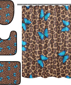 Blue Butterfly Leopard Spot Shower Curtain With Matching Mat For Catchy Bathroom Decor