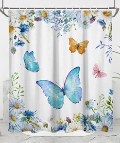Blue Butterfly Shower Curtain With Watercolor Flower Floral Monarch Spring Butterflies