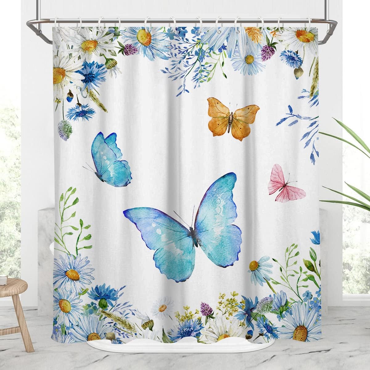 Blue Butterfly Shower Curtain With Watercolor Flower Floral Monarch Spring Butterflies