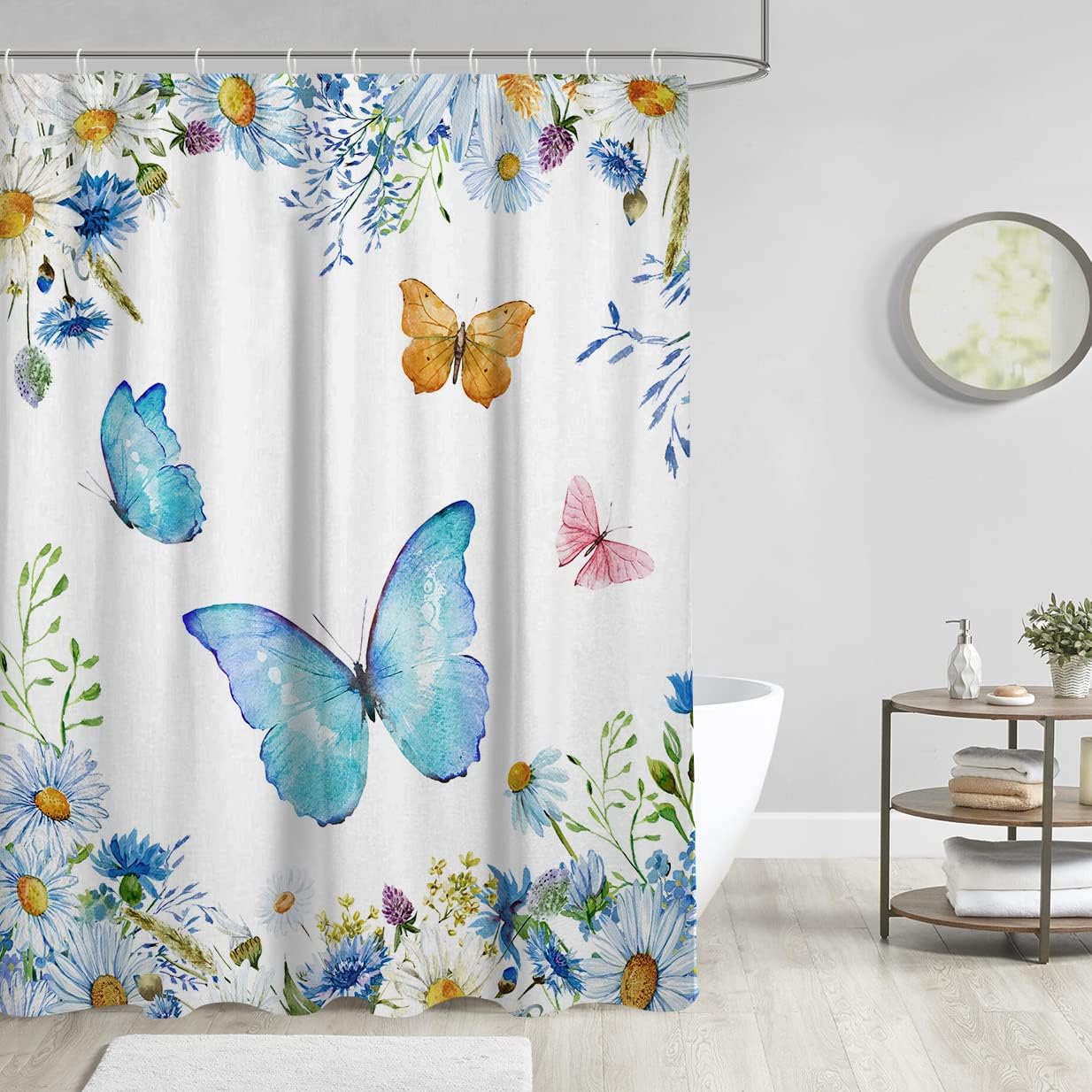 Blue Butterfly Shower Curtain With Watercolor Flower Floral Monarch Spring Butterflies - Image 2