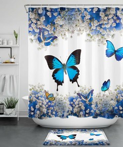 Blue Butterfly Shower Curtain with Botanical Flowers for a Calming and Fresh Bathroom Decor
