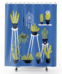 Blue Cactus Lover Shower Curtain Plant Print for Plant Bathroom Decor