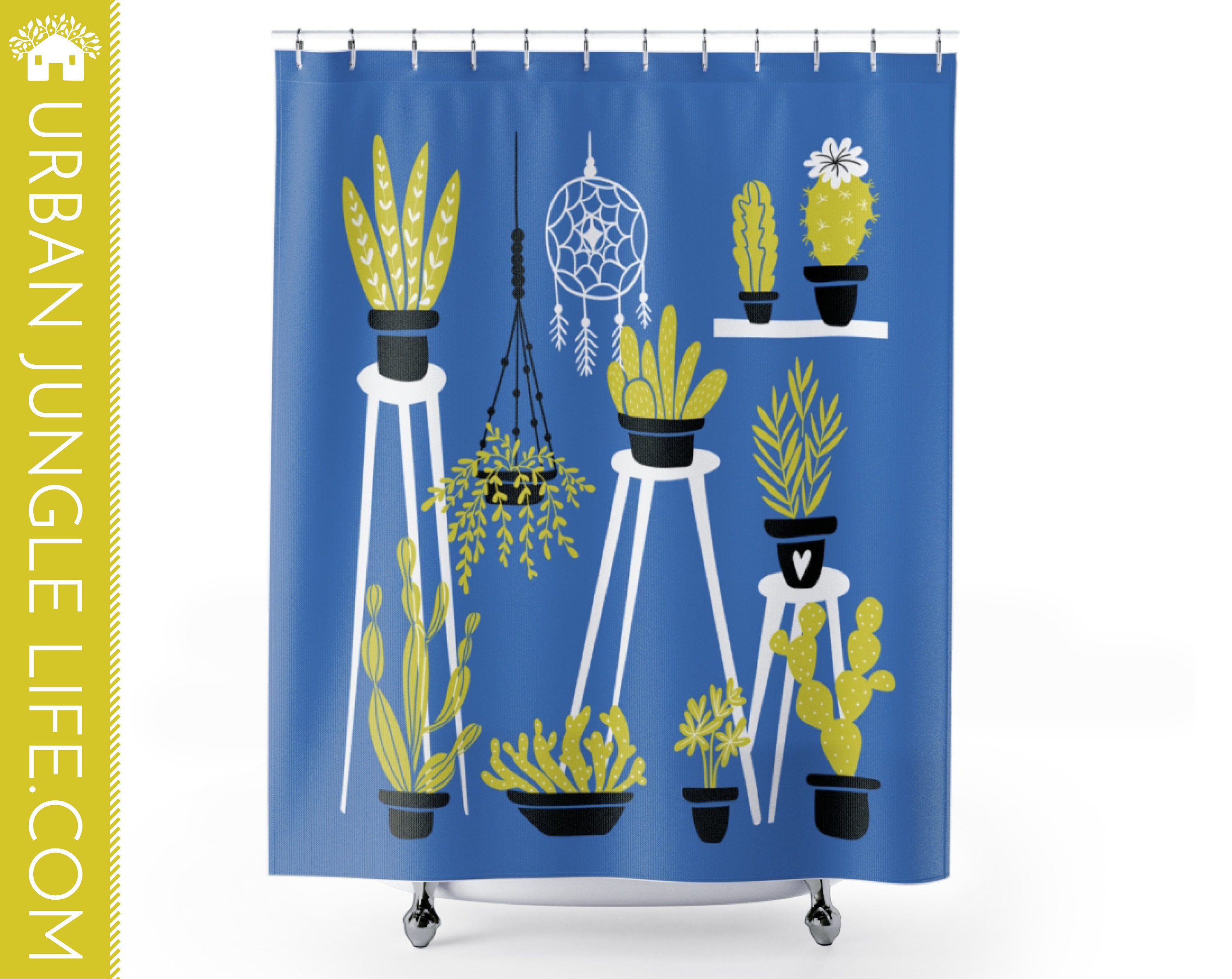 Blue Cactus Lover Shower Curtain Plant Print for Plant Bathroom Decor
