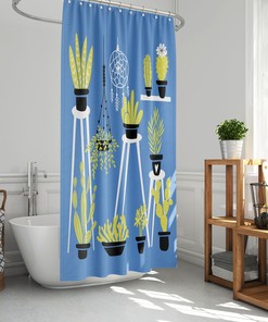 Blue Cactus Lover Shower Curtain Plant Print for Plant Bathroom Decor