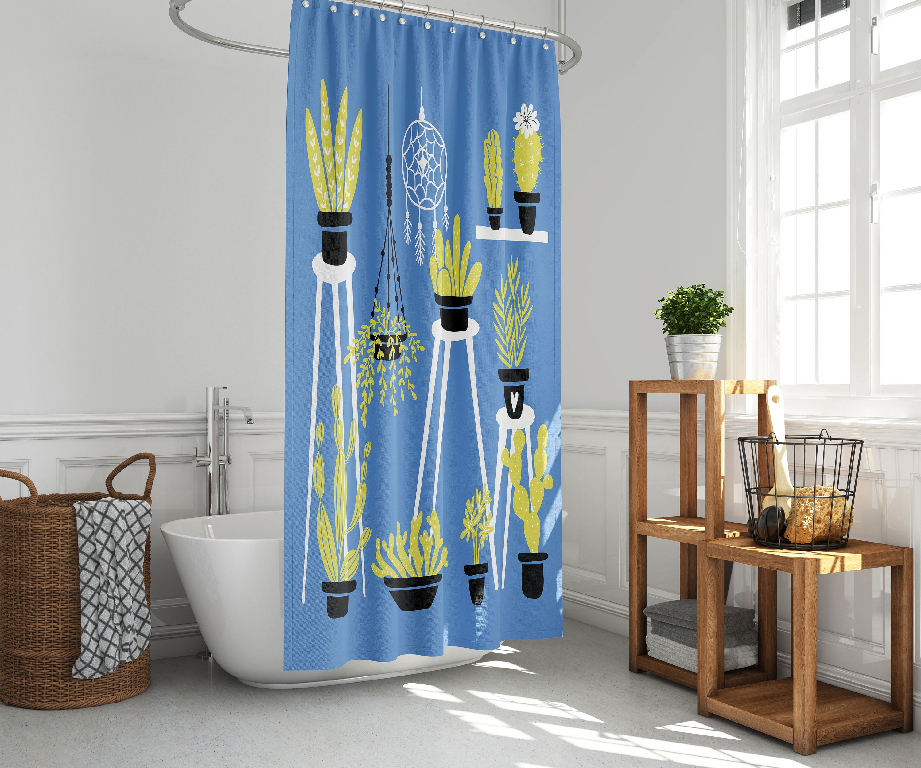 Blue Cactus Lover Shower Curtain Plant Print for Plant Bathroom Decor